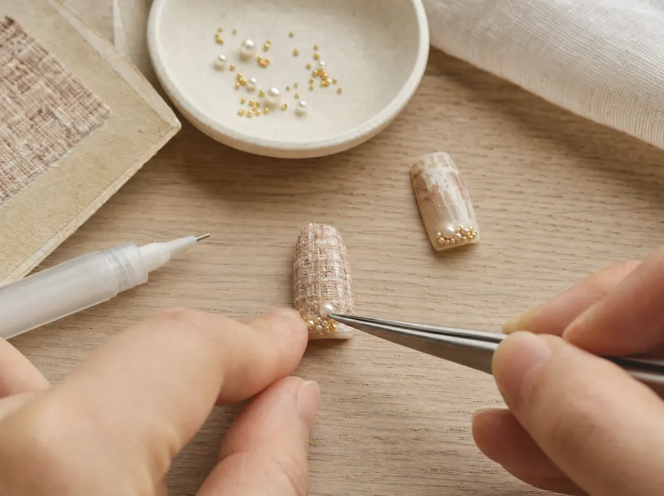 Hands using tweezers to place a small pearl on a tweed-patterned nail, beside a dish of pearls and gold beads